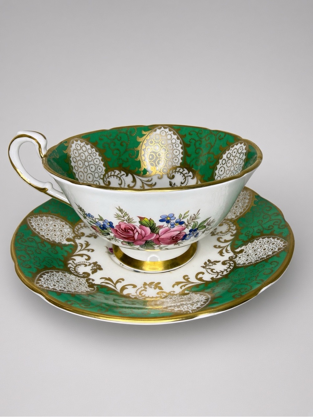 *RARE* PARAGON Green and Gold Floral Teacup & Saucer | Cottagecore | Victorian